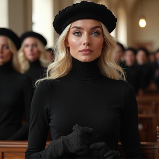 A group of women and their daughters sit in chairs in a church. They wear black skin-tight long sleeves outfits. Each woman holds her black shoes. Everyone smiles ironically. They have black tights and gloves. They also wear black berets. The setting is filled with women.