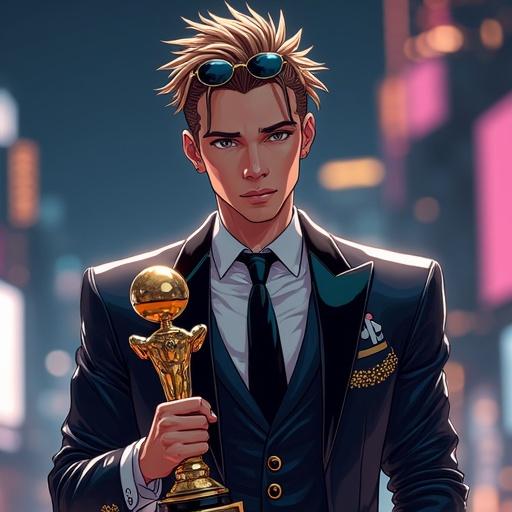Anime character in a futuristic setting. Man with silver eyes and light brown spiky hair. Wearing expensive suit and tie. Modern and luxurious music awards stage. Holding a hip hop music award. Dressed in expensive silver hip hop jewelry. Showing muscular build with tattoos. Sunglasses on face. Celebratory mood.