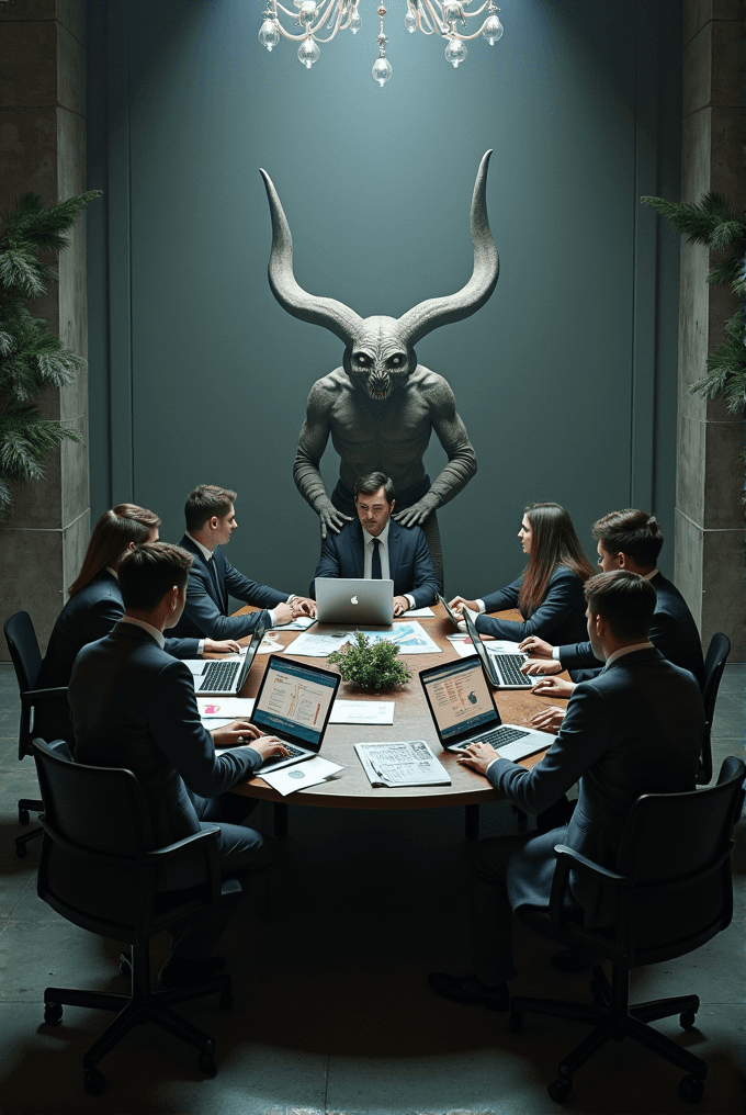 In a dimly lit room, a group of business professionals in suits sit around a round table with laptops, while a menacing horned creature looms ominously behind one of them.