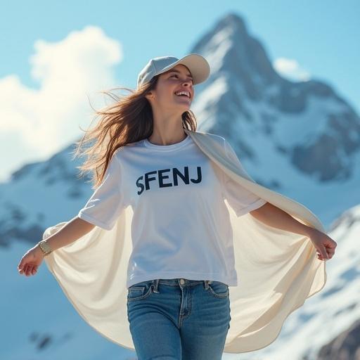 Realistic portrait of a woman near snow mountain wearing long white cape and baseball hat with SFENJ shirt. Scene shows joy and magic with bright clouds.
