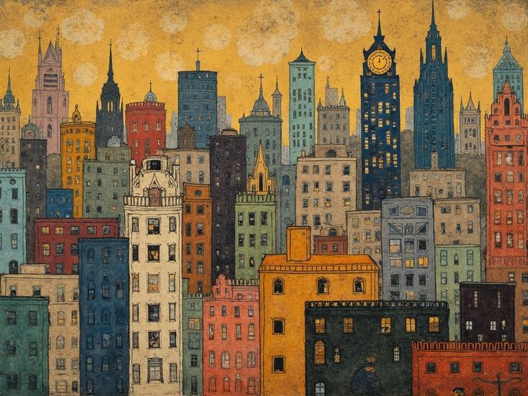 Cityscape with a colorful skyline. Blend of architectural styles. Influence from Gustav Klimt and other artists. Soft ambient light creates a warm atmosphere. Diverse city buildings in pastel colors.
