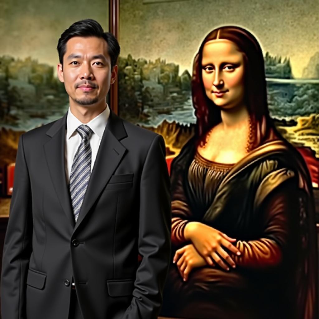 Image juxtaposes a modern figure with Mona Lisa. Modern figure wears a suit. Mona Lisa has an enigmatic smile. Background features classic Renaissance elements. Highlights differences and similarities across eras.