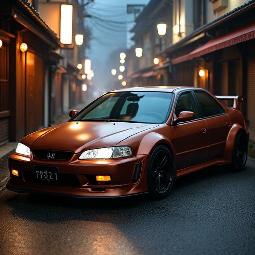 A side profile view of a 2000 Honda Accord modified with a wide body kit and custom features. The car is wrapped in satin chrome silk copper and is located in a narrow alley in Kyoto. The scene is foggy and atmospheric at night with a bokeh background effect.