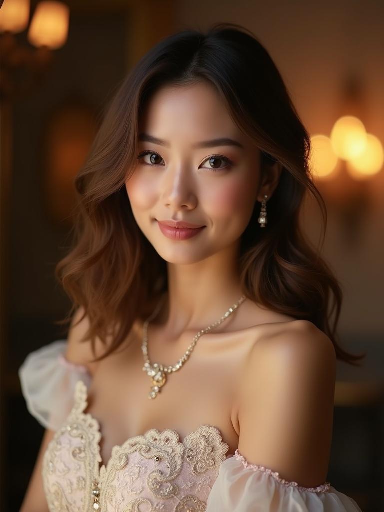 A beautiful woman poses gracefully with shoulder-length glossy brown hair and almond-shaped eyes. Flawless skin glows under soft lighting. Off-shoulder evening gown features lace embroidery. Jewelry enhances her outfit. Warm background with bokeh lights adds to elegance.