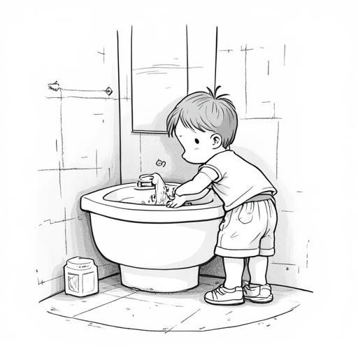 Drawing of a child washing hands in bathroom sink. Simple style for pictogram. Black and white illustration.