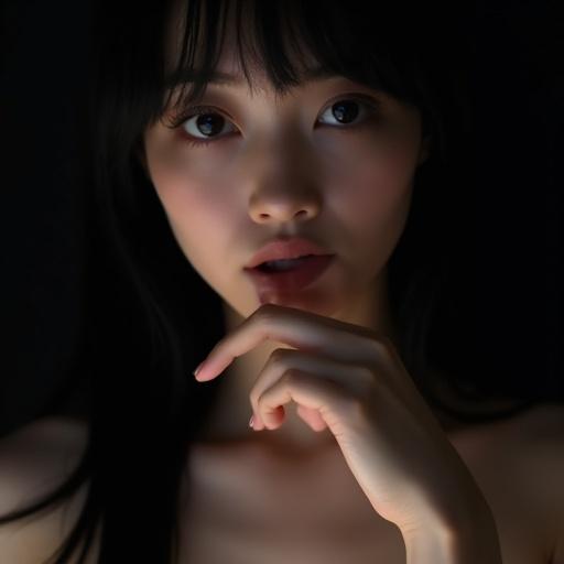 Ethereal woman in soft light with a black background. Portrait of a girl with pale skin and deep black shadows. Focus on her hand tracing her lips with a dreamy expression. Half profile in a cinematic angle. Surreal and monochromatic style with fog and glass fragments.