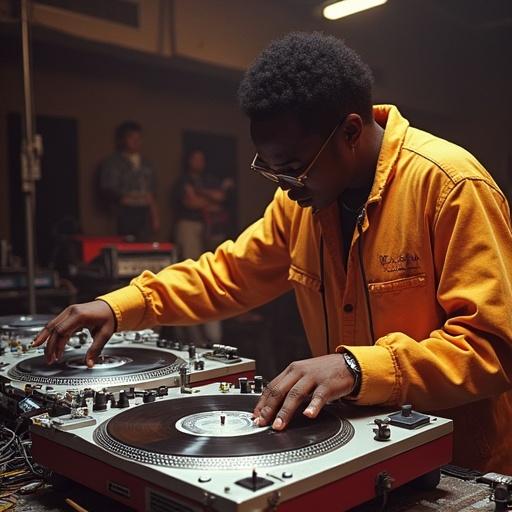 DJ Kokou Sakyi from Togo performs on two turntables. Uncontrollable and fast mixing skills are displayed. Turntable tricks executed at high speed during the 1992 Orofon World DJ Mixing Championships eliminations.