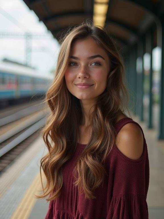 Portrait of a young girl standing on a train station platform. She has long, wavy hair and is wearing a burgundy top. Expression is warm and inviting. Natural light illuminates the scene.