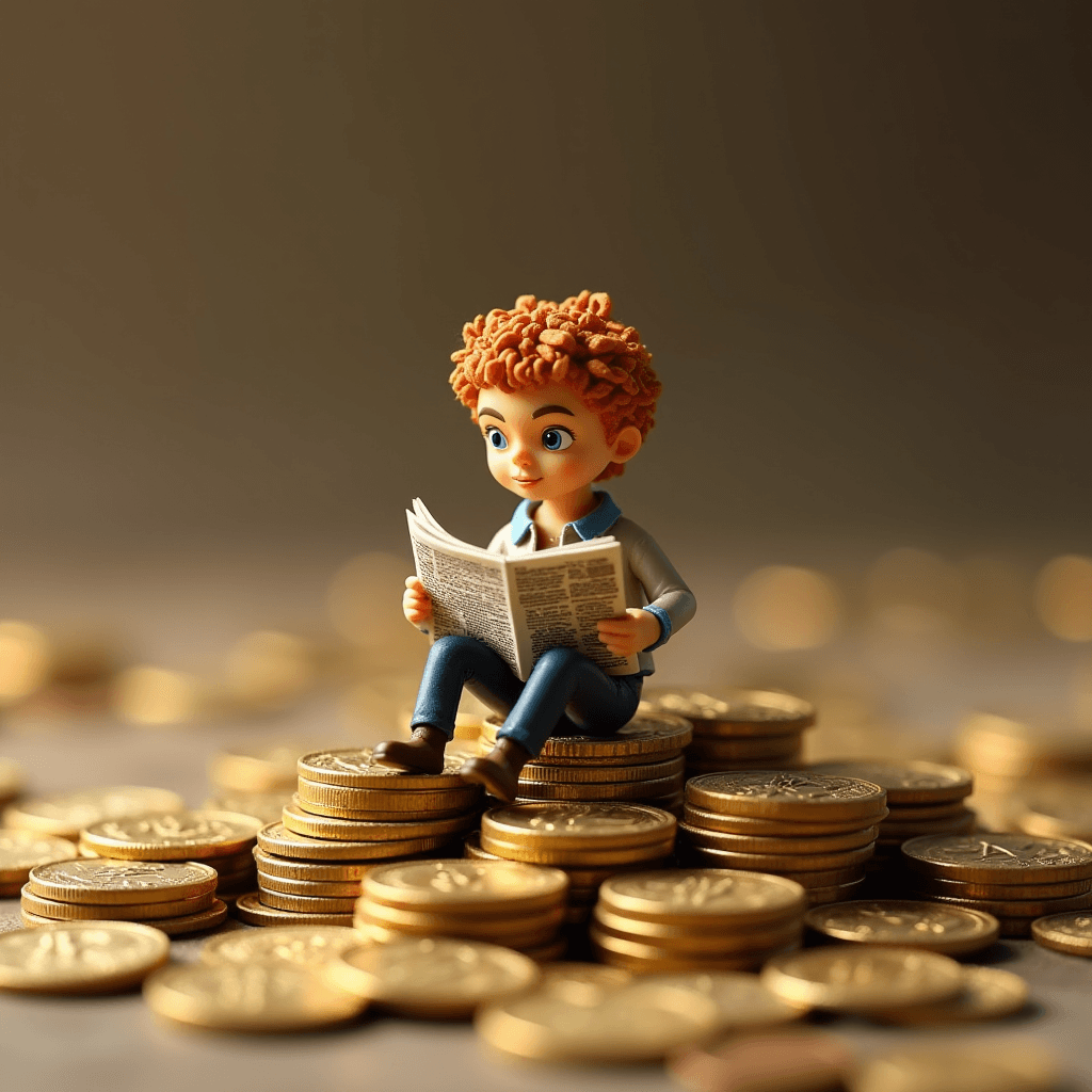 A cute cartoon character with curly hair is seated on a stack of coins, reading a newspaper.