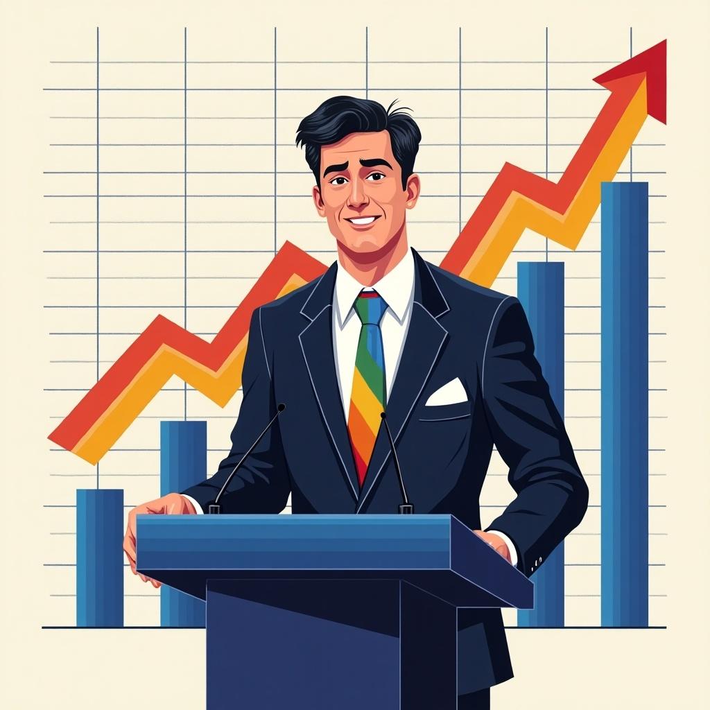 A stylish illustration of a confident man in a suit speaking at a podium. He has a colorful tie that symbolizes diversity. Behind him are rising bars and a graph indicating economic growth. The setting suggests a presentation at a conference or seminar. The man exudes authority and positivity, inviting the audience to engage with economic topics.