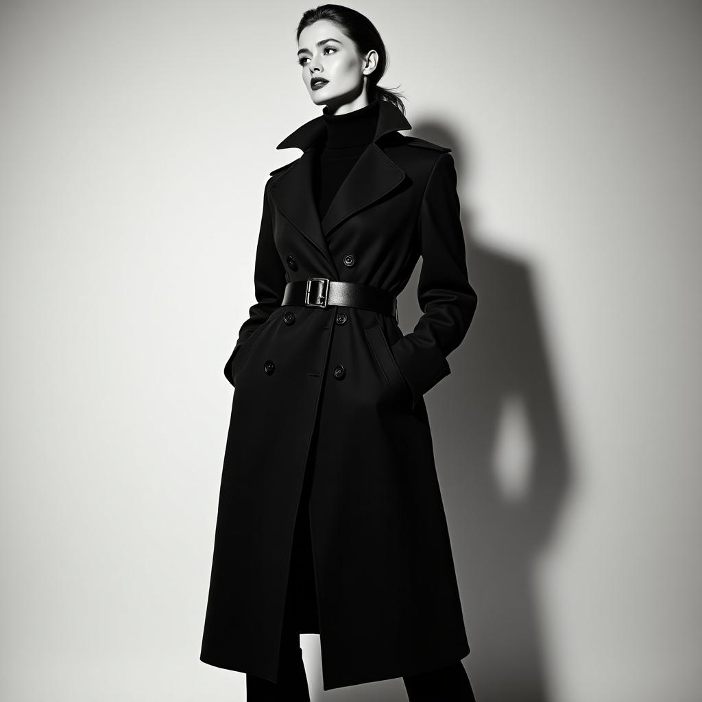 A woman wears a full-length black trench coat. Black turtleneck and black pants complete her outfit. A belt adds sophistication. Soft shadows enhance the dramatic effect.