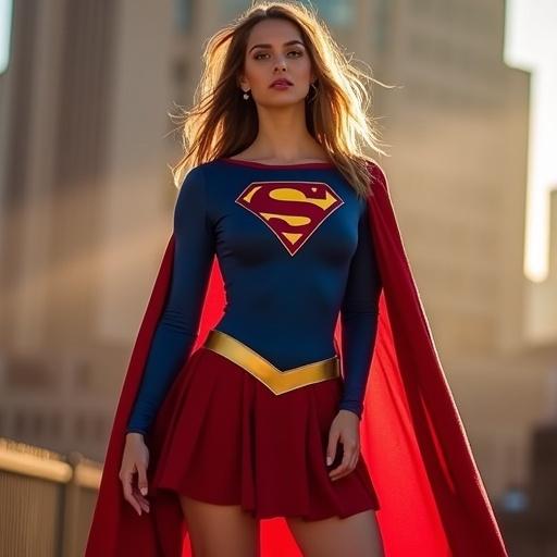 Supergirl costume featuring a bright blue top with a logo and a red mini skirt. The character poses confidently with a city background. The cape flows elegantly.