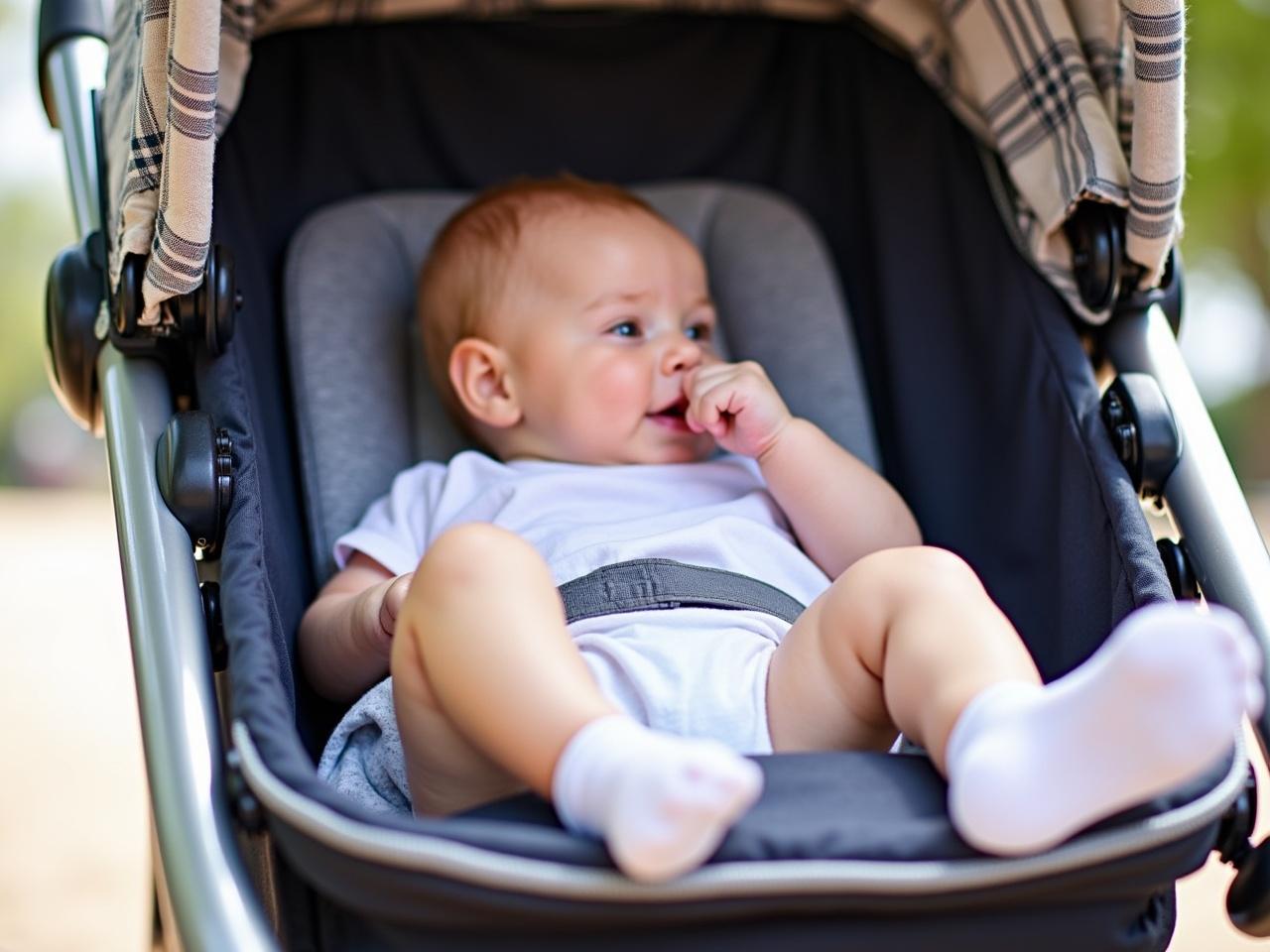 The image shows a baby sitting comfortably in a stroller. The baby is resting with one foot playfully hanging out of the stroller. Their hand is in their mouth, possibly sucking their thumb, which indicates a relaxed and happy demeanor. The stroller has a classic design, with a plaid pattern on the canopy and a shiny metal frame. The background gives a glimpse of an outdoor setting, suggesting a sunny day where the baby could be on a walk.