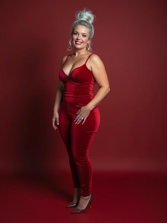 Mature woman poses confidently in a red velvet dress. High silver hair styled in a bun. Background is solid red. Focus on elegance and poise.