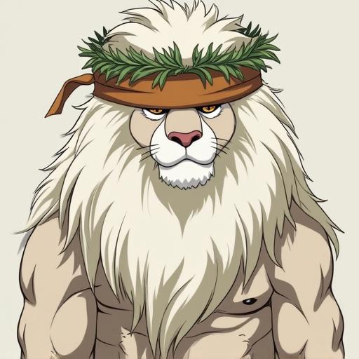 Studio Ghibli style character creation. Bodybuilder white lion humanoid. Long hair to knees. Wears a blindfold and circlet of briars on head.
