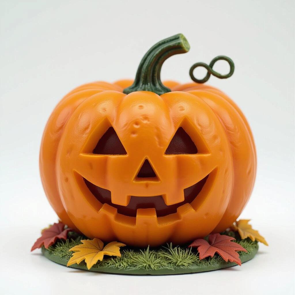 Detailed resin figure of a classic Halloween pumpkin with a happy face and autumn leaves at the base