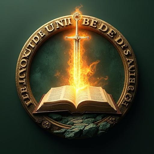 Design a circular logo for a Pentecostal Evangelical church called Camino de Santidad. Include text Iglesia Evangélica Pentecostal in modern bold letters and Camino De Santidad below in smaller Georgia font. Central symbol is an open Bible with a divine hand emerging from its pages delivering a flaming sword. Add subtle flames around the sword or Bible and a stylized path at the bottom. Use clean lines, high contrast with deep green, gold, yellow, and white colors. Include an optional thin golden outline around the circular design.