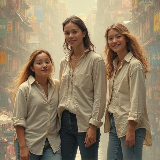 Group of three women wearing light-colored shirts and jeans in a hazy street setting. The image evokes an ethereal atmosphere with soft lighting and a distant view. They stand close together.