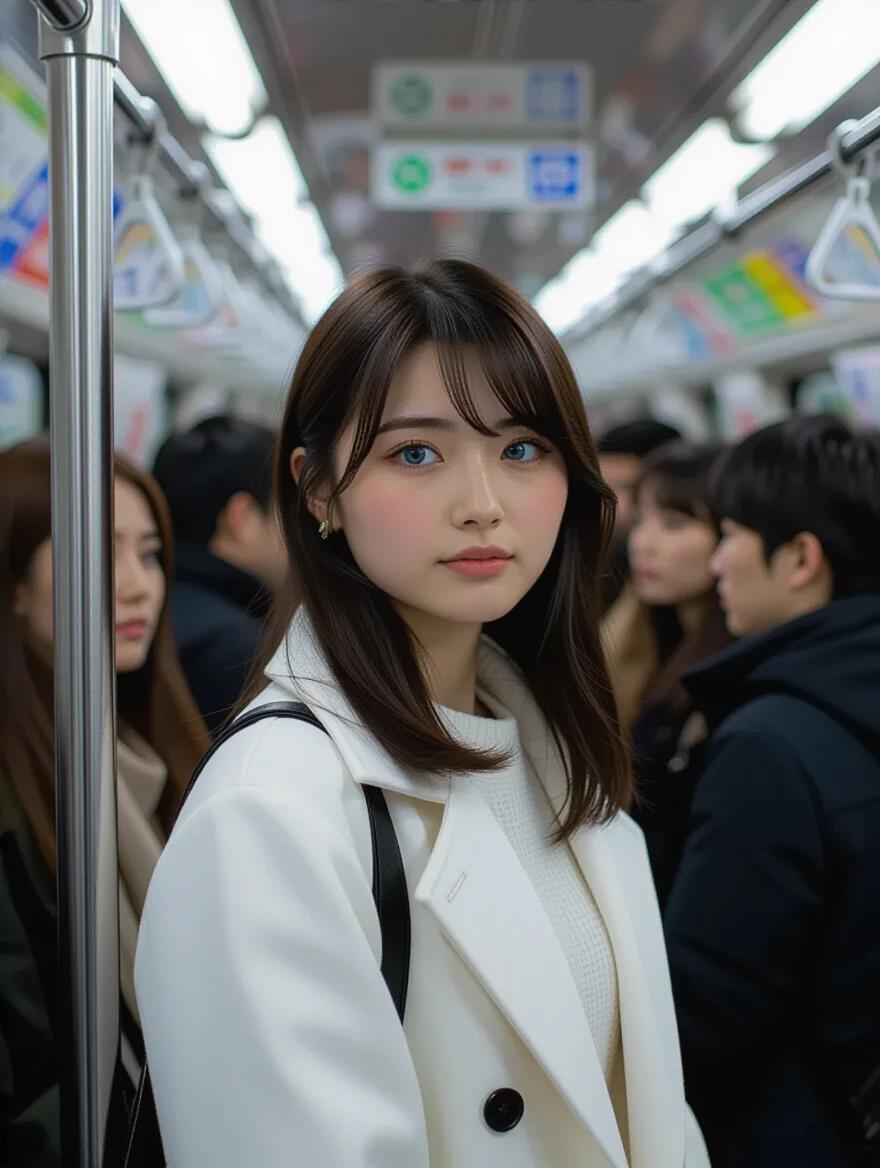 A girl stands in a crowded Japanese metro. She has blue eyes. Metro is full of people. She wears a white crop top and shorts. Image taken from behind a metro pole. Crowd is close. Girl is in the middle of people. Modern urban style.