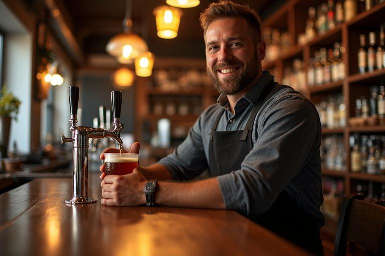 Bartender pouring beer in a warm inviting bar. The bar is filled with various liquor bottles. The scene conveys a welcoming atmosphere and excellent craftsmanship in bartending.