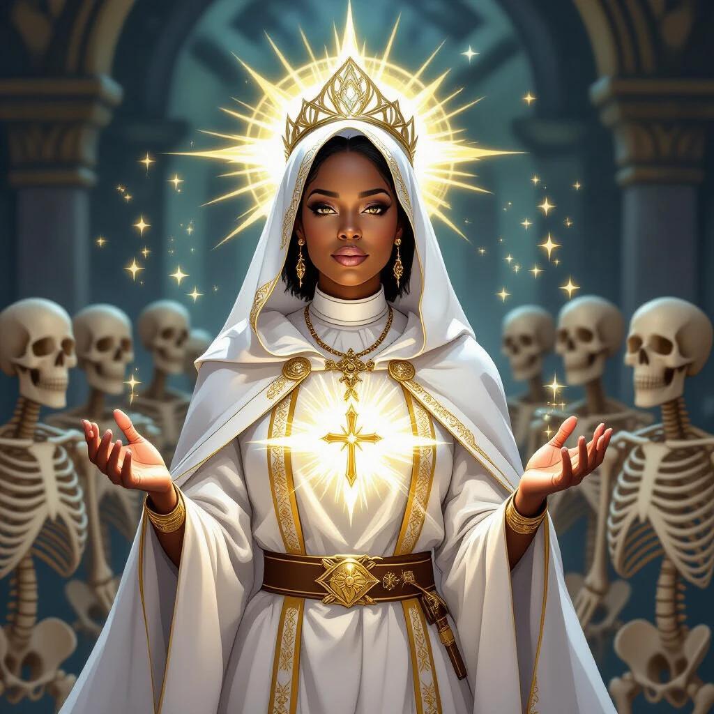 A Black woman cleric dressed in white and gold with glowing hands. Holy magic keeps away a group of skeletons.