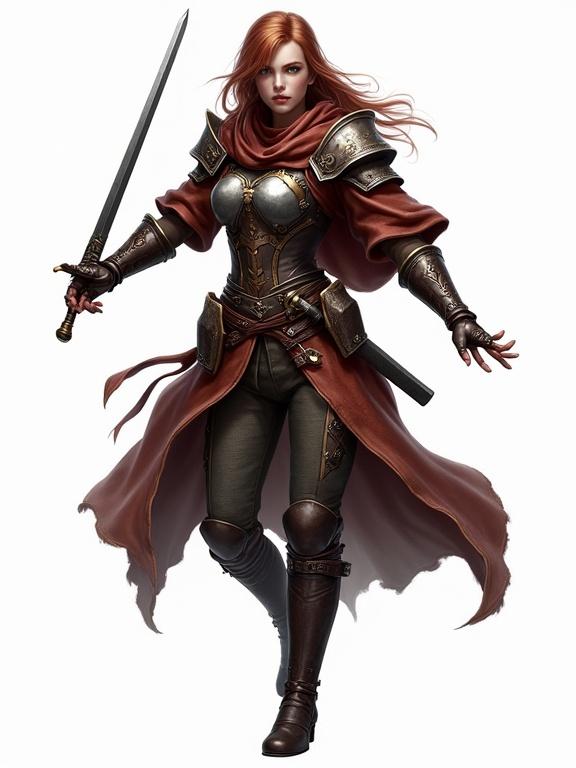 A female warrior character equipped with leather and body armor. Holding a sword, poised in an action stance. Designed in an ARPG style. No background.