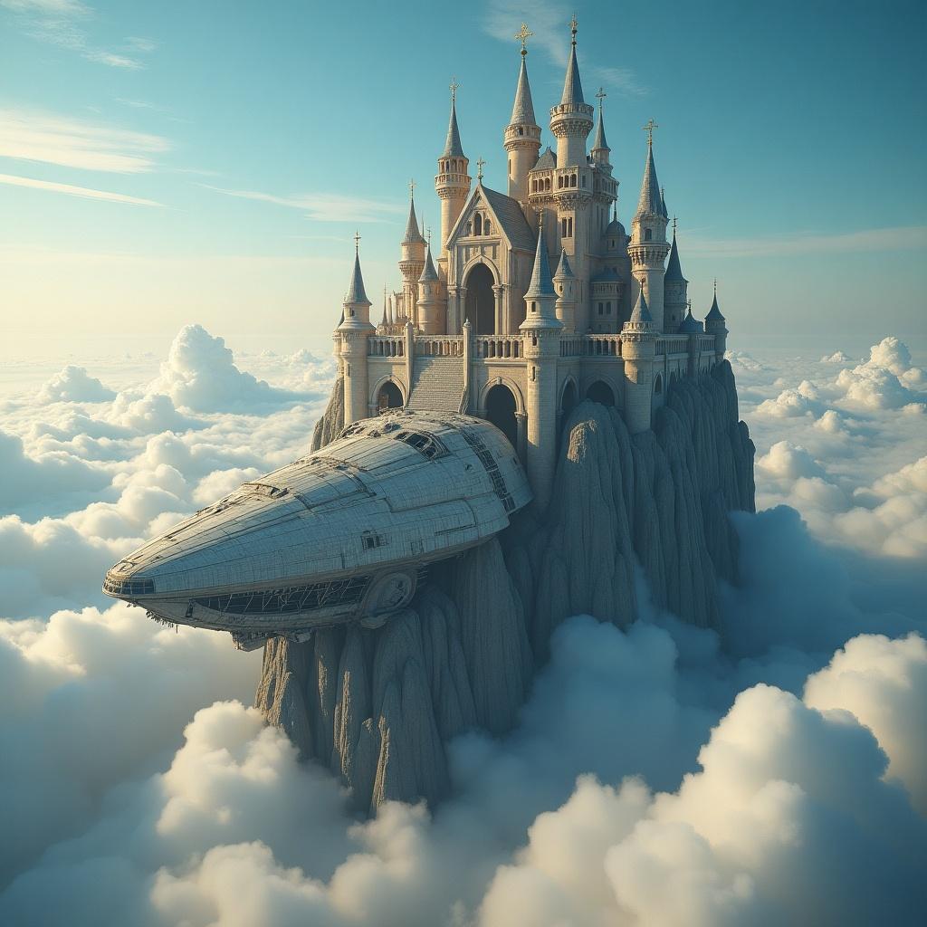 Fantasy castle in the sky with winding staircases. Fluffy clouds surround it. A crashed spaceship is in the middle. The castle is built around this spaceship.