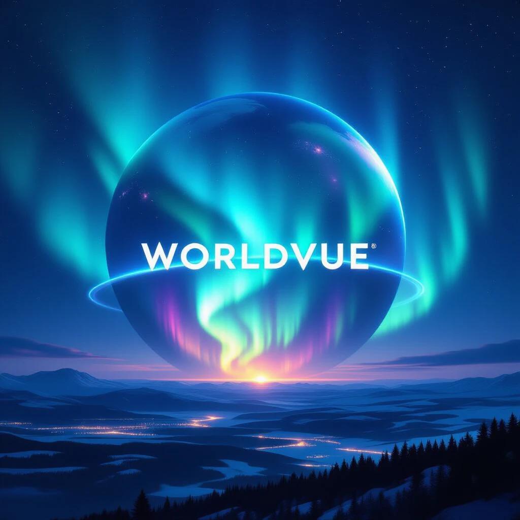Majestic surreal landscape featuring WorldVue. A colossal aurora borealis emanates from Earth. Shimmering veil surrounds the planet. Underneath, city lights twinkle among natural landscapes. Vibrant hues of green purple and blue fill the scene. Grand composition captures planet's beauty. Long exposure photography style with cosmic dust.