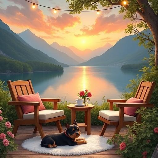 Cozy lakeside terrace surrounded by lush greenery. Comfortable wooden armchair with beige cushion. Small round wooden table with steaming coffee. Tiny 3-month-old black and tan toy terrier puppy with red collar lying on soft white rug. Majestic mountains and serene lake in background. Soft golden light of sunrise or sunset. Painterly oil painting style. Warm colors convey idyllic calm mood. Cup of coffee on table. Small vase with rose beside cup. Hills and water reflect golden light. Two wooden chairs with cushions in foreground. String lights above create warmth.