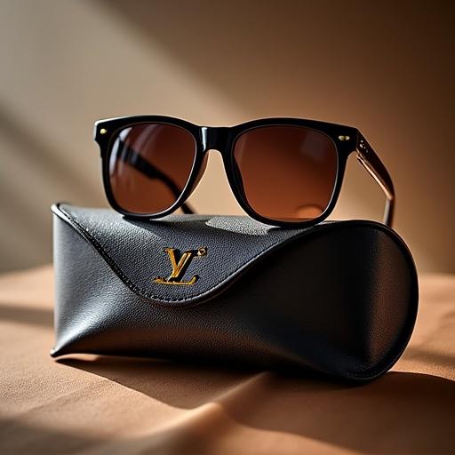 A pair of Louis Vuitton sunglasses placed on top of a black sunglasses case. The case has an engraved logo. The setting has soft and warm lighting.