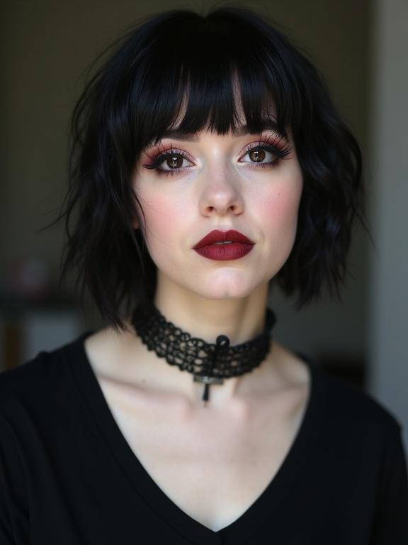 Close-up portrait of a young woman with short black hair. Woman is wearing an emo-style choker. She has dark eye makeup including eyeshadow and eyeliner. Her expression is happy and playful with a kissy face. The woman is wearing a black v-neck t-shirt.