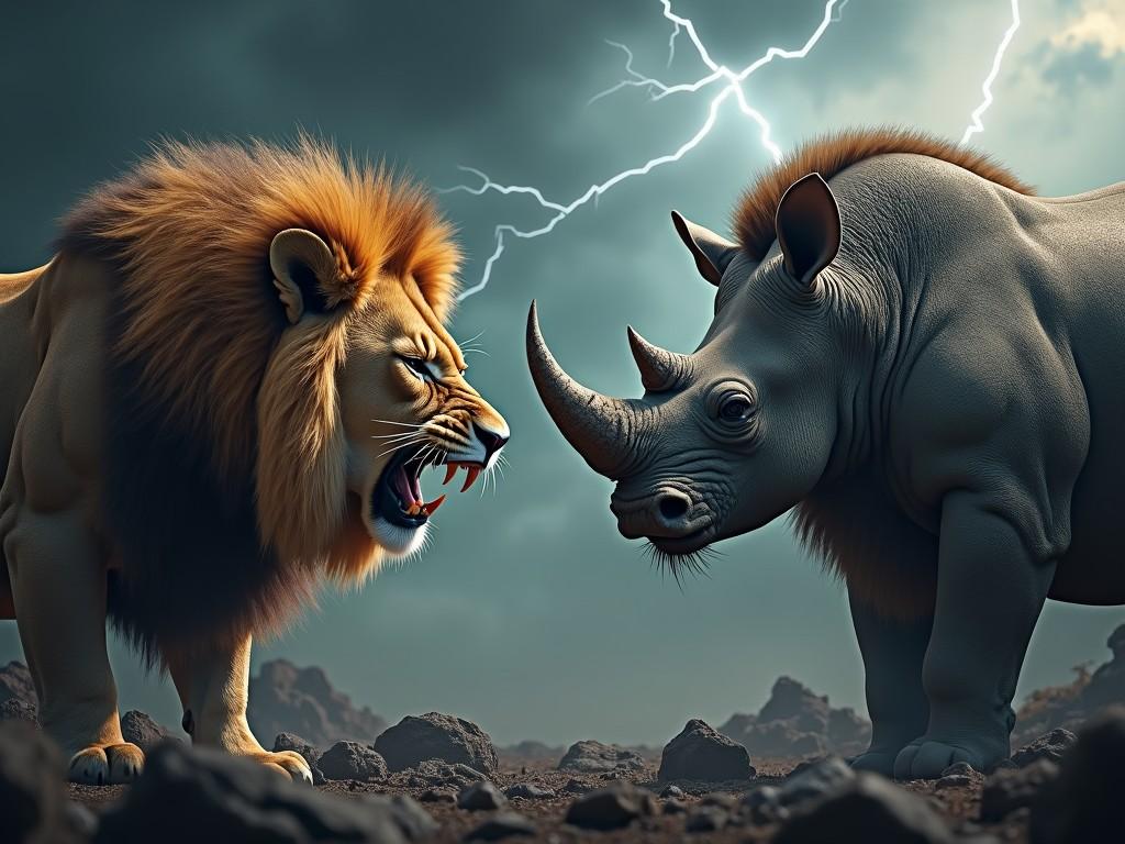 Create an image where a lion and a rhino are positioned face to face, both displaying fierce and angry expressions. The lion should have a majestic mane, while the rhino should have its characteristic large frame and horn. The background should be dramatic and stormy, featuring dark clouds and lightning to highlight the intensity of their confrontation. Additionally, consider creating a second image where the lion and rhino's features are seamlessly combined into a single, monstrous hybrid creature, emphasizing its dangerous appearance. The background should match this creature's fierce expression and give an overall terrifying vibe.