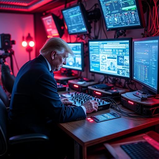 Donald Trump operates a DJ setup in a military command center. High-tech surroundings include LED screens and gadgets. Neon lights illuminate the space. A detailed scene captures the blend of music and military technology.