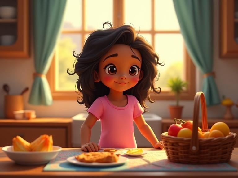 A young girl stands in a kitchen, looking happily at the camera. She has curly black hair and wears a pink shirt. A brown picnic basket with food is on the table. Sunlight fills the room, creating a warm and inviting atmosphere. A mother is seated at the table, focused on dialogue.