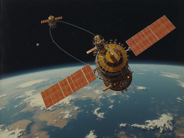 GPS satellite from 1965 captured in space. Two satellites connected by cables orbiting Earth. View shows planet and detailed structure.
