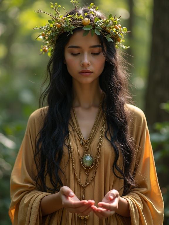 High-quality photo of a young woman posing with hands raised upward. Clothing is an earth-toned robe with natural folds. Golden threads are woven with branches, leaves, and fruits. A heavy gold necklace adorns her neck. Hair is long and wavy, interwoven with branches and fruits. Soft light filters through trees. Realistic style with fantasy elements and blurred background. Subtle mist and golden particles suggest magic.