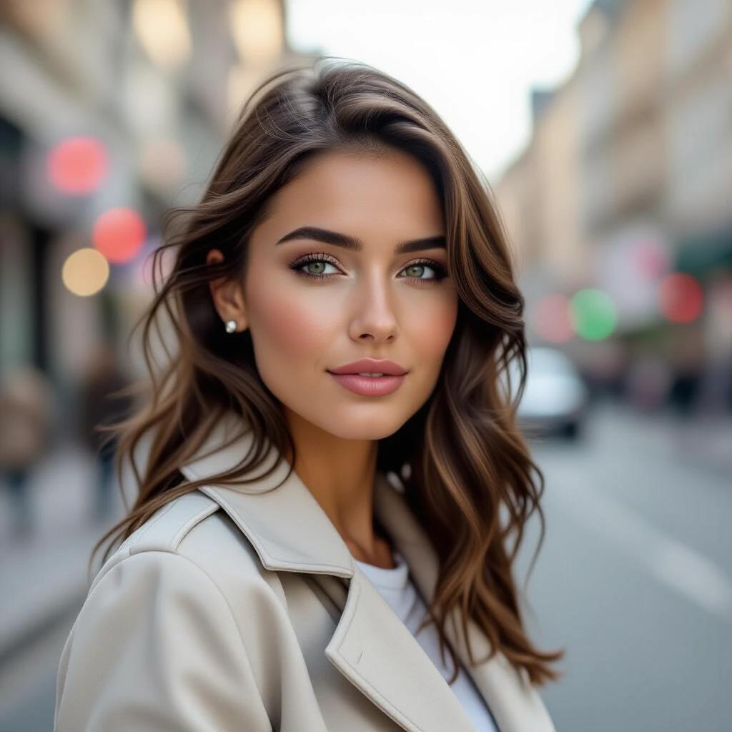 An ultra photorealistic close-up portrait of a stylish woman posed in the street. Background shows a vibrant street with blurred lights. The focus is on the woman's flowing hair and chic outfit. Soft, natural daylight enhances her features.