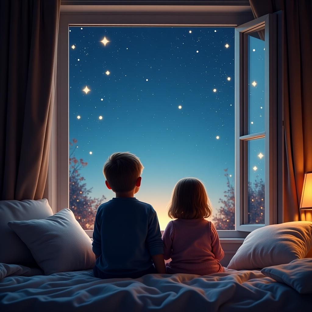 Children sit in a bay window gazing at the starlit night sky. They search for Santa in the dark. A soft lamp light fills the room. Outside, a twinkling starry sky inspires wonder.