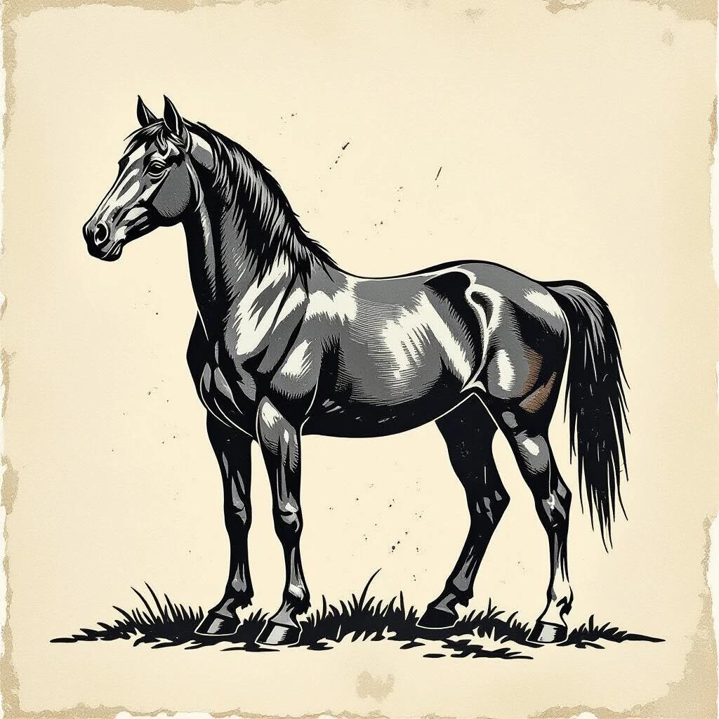 Stencil of a horse in a standing position. Horse is black with a detailed silhouette. Background is a light beige color with a textured effect. Horse stands on grass.