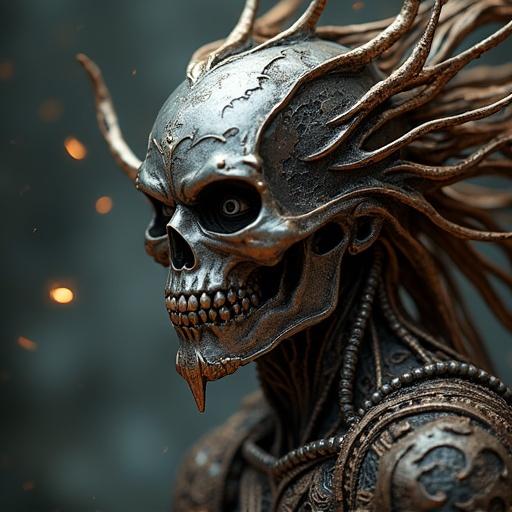 Portrait of a creative and artistic metalhead wearing detailed metallic accessories with striking designs. Background features smoky atmosphere with glowing elements illuminating the figure. Emphasis on the artistic qualities of metal fashion and expressions of culture.