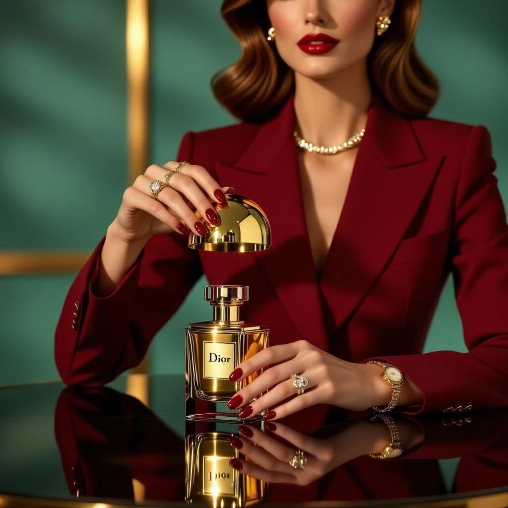 Sophisticated woman in tailored burgundy suit. Hands lift gold metal cloche from Dior Fahrenheit perfume. Glossy dark round table. Manicured deep red nails match suit. Delicate rings and slim gold bracelet on hands. Warm dramatic light shines on reflective surfaces. Background is teal wall with classic molding. Scene evokes 1970s vintage advertising aesthetic. Focus on perfume and hands with gentle blur at edges. Luxurious detail in fabrics and jewels. Mood is immersive and opulent.