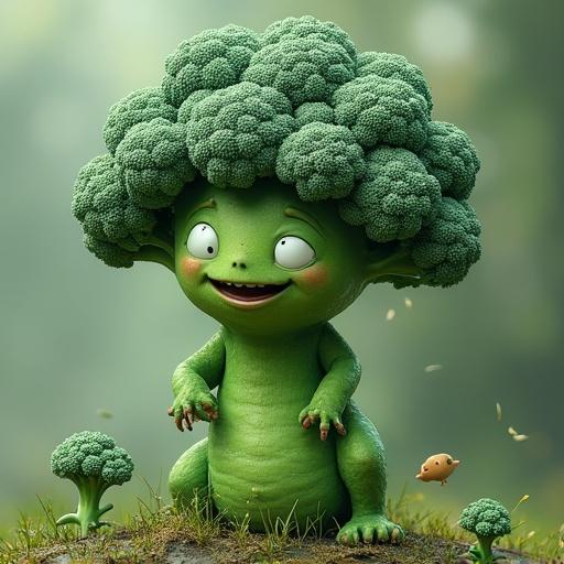 A creature with broccoli-like features and bristles. The character is cute and cartoonish. It has a bright and joyful expression. There are smaller broccoli elements around it, enhancing the character's theme. The setting is vibrant and cheerful.