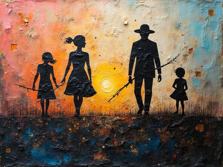 A beautiful and stunning oil painting showcasing abstract silhouettes of a family against a vibrant sunset background. Unique texture combines various materials like jute, newspaper, and wood. Emphasizing depth and luminosity through mixed media elements.