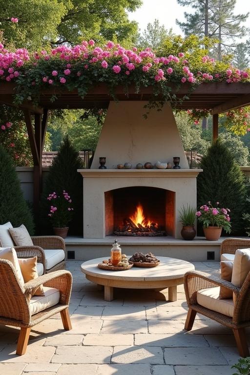 Design layout features a cozy open fireplace surrounded by a flower-covered pergola. The setting includes comfortable seating and decorative plants.