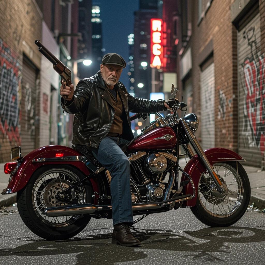 40's man on a Harley Davidson motorcycle holding a sawed off shotgun. Nighttime in a big city alleyway with graffiti. Dark urban setting.