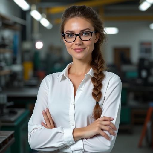 Hyper-realistic photo of TV presenter with light brown hair and blue eyes wearing a fitted white blouse and glasses. Standing in a modern studio of a TV shop for metal cutting tools. Confident look, soft lighting, attractive facial features, large breasts, industrial tools in background, high detail, cinematic style, braided hairstyle, against tool racks and milling equipment.