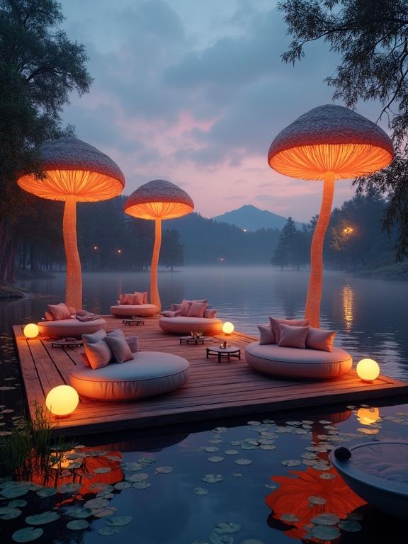 Floating lounge on a lake at twilight showing glowing mushrooms and soft fairy lights. Cozy round sofas rest on wooden rafts. Water lilies drift nearby. Captured with a slow dolly shot evoking a serene mood.