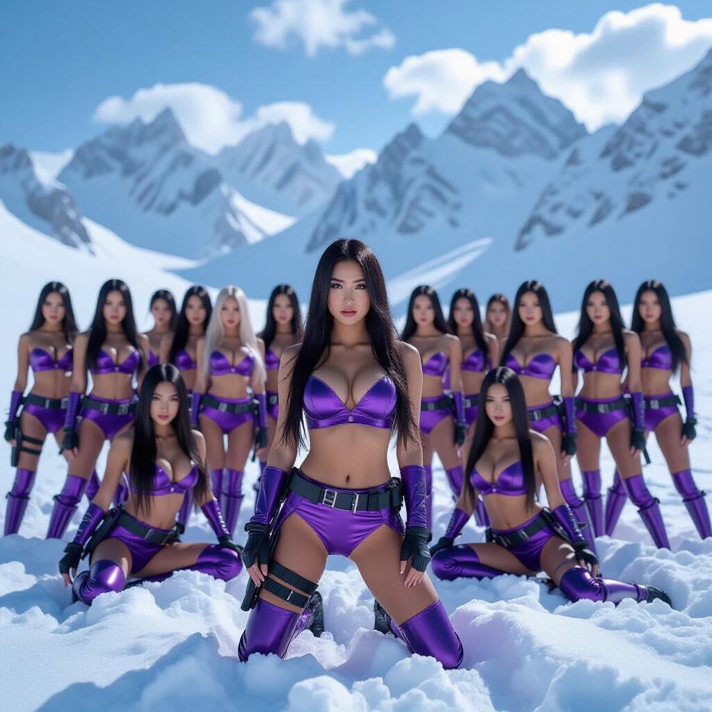 Large group of beautiful women in shiny purple outfits standing in a snowy landscape. They are surrounded by majestic ice mountains. Women wear metallic leather bras and panties with tactical accessories. Appearance radiates dominance and bravery. Long black hair flows freely, presenting strength and combat readiness in cold environment.