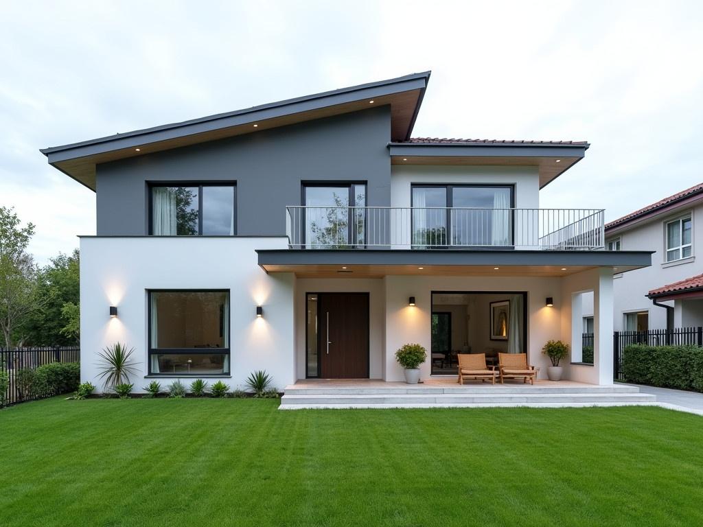 There is a modern house with an interesting design. The facade of the house is now painted in light grey and white, giving it a fresh and contemporary look. It features a combination of different roof angles, with a prominent overhang and a balcony on the upper floor. The entrance is welcoming with a spacious porch, and there are light fixtures on the outside walls. The surrounding landscape is well-maintained with lush green grass and a few plants placed strategically.