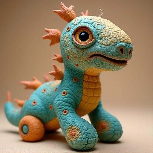 Cute toy dinosaur with vibrant colors. Features large expressive eyes. Stylized textures on the body. Unique design elements resemble a friendly creature. Ideal for children's playtime. Appears soft and huggable. Positioned on a light background for emphasis.